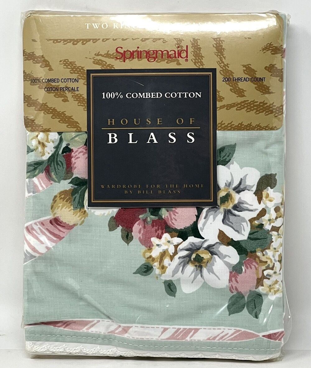 House Of Blass Springmaid Pillow Cases King 2 CLOVER ROSE Grn Pnk PERCALE *READ*